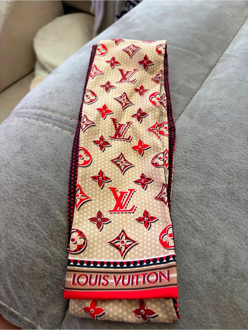 Louis Vuitton Beige and Red Monogram Silk bandeau  Scarf